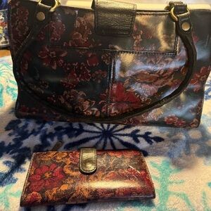 Floral Patterned Black and Red Women's Bag Set